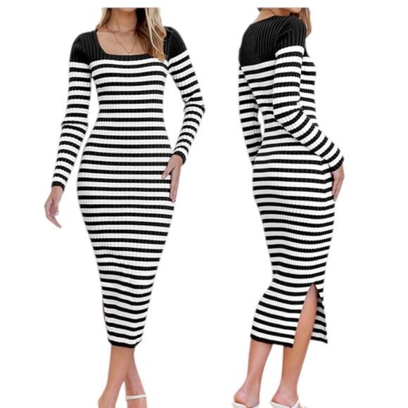 MEROKEETY Ribbed Knit Striped Women's Midi Sweater Dress Green White S Side Slit - Picture 2 of 10